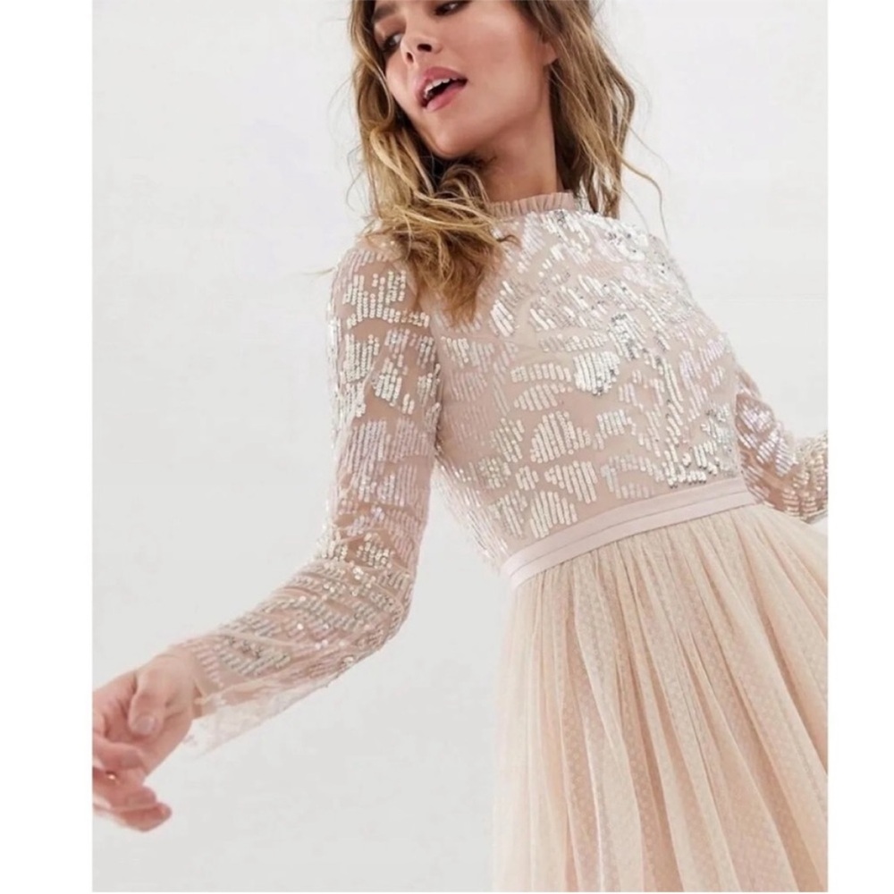 Needle & Thread Embellished Long Sleeve Midi Dress Tulle Skirt Rose Quartz 6